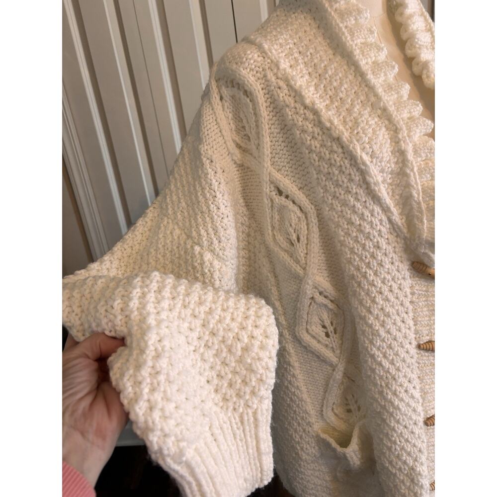 Handmade Crochet Cardigan Ivory Cableknit Chunky High Collar Luxury Toggle 2XL - Picture 6 of 10